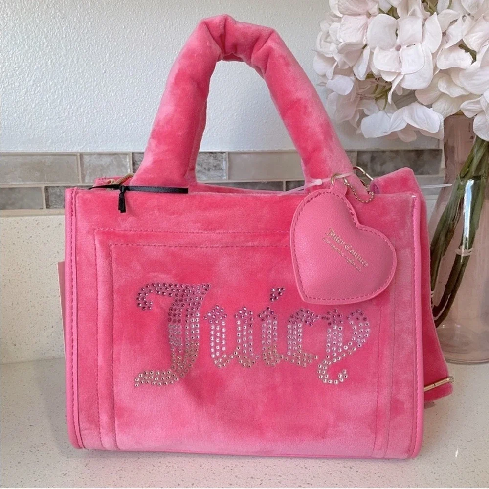 NEW Juicy Couture Pink‎ Velour Rhinestone Logo Tote Crossbody Bag NWT
